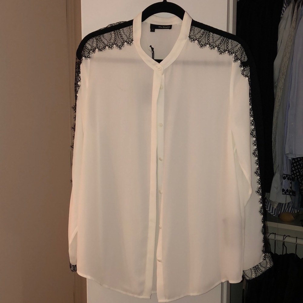 The Kooples white silk shirt w black lace detail